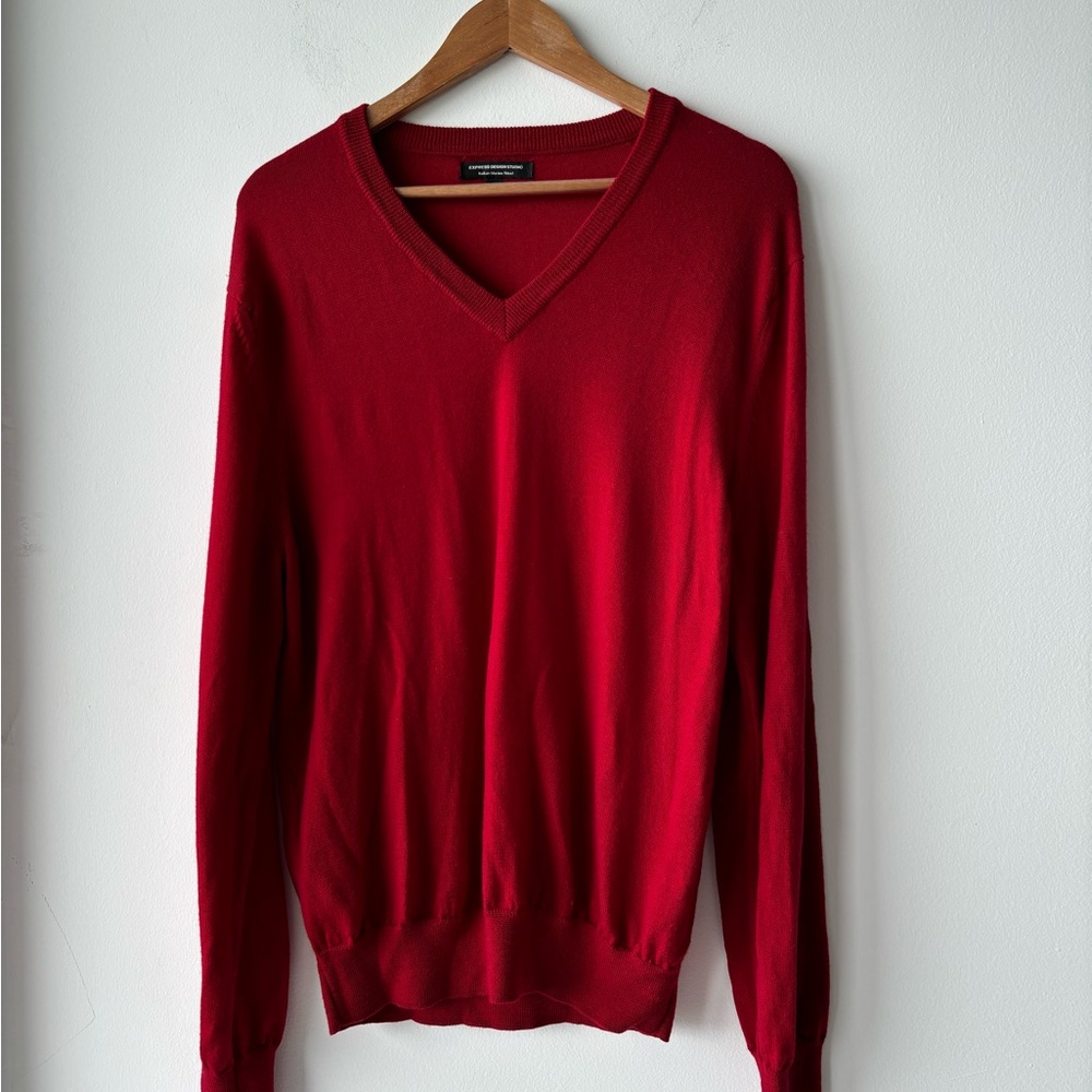 Y2K Express Sweater V Neck Italian Merino Wool Long Sleeve Pullover Red Mens L